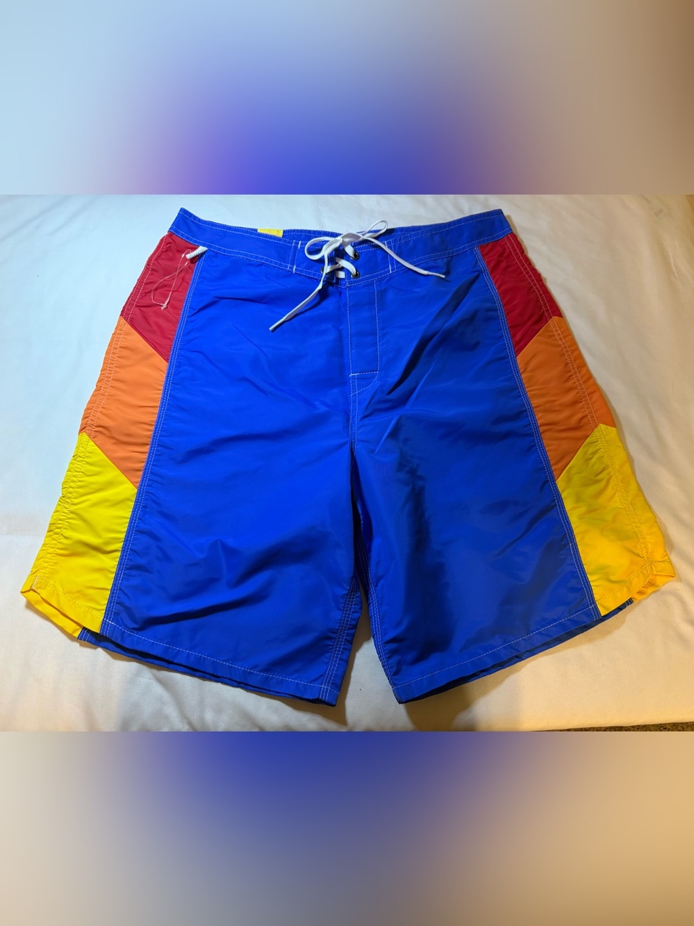 Sundek Royal Blue Swim Board Shorts with Red and Orange Panels
